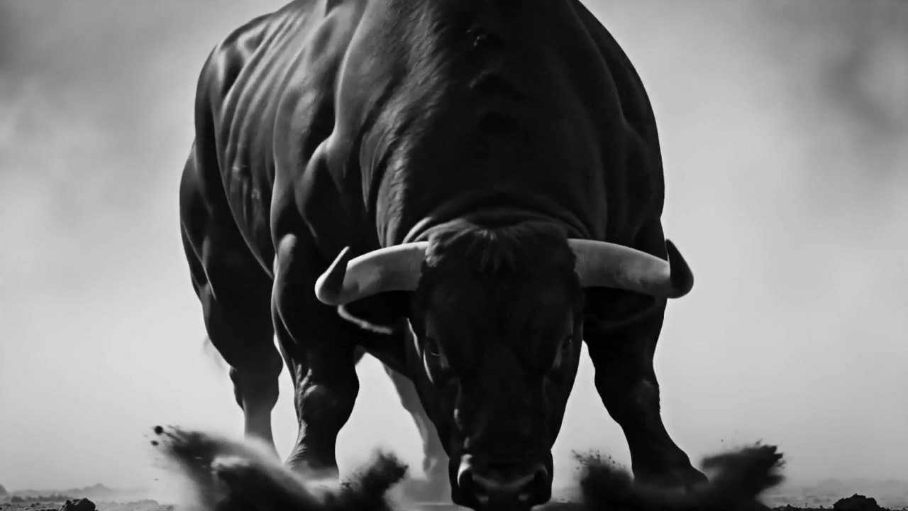 A black fighting bull pawing the dirt, about to charge